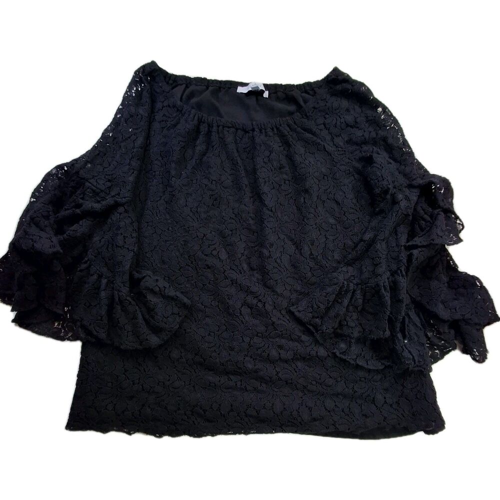 Black Lace Shirt Sz M Sheer 3/4 Bell Sleeves Lined Whimsigoth Goth Dark Fairy